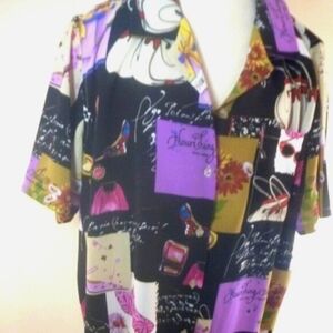 Susan Graver 1X Plus Purple Black Top Collar Shirt Art Wear Unique Multi Floral